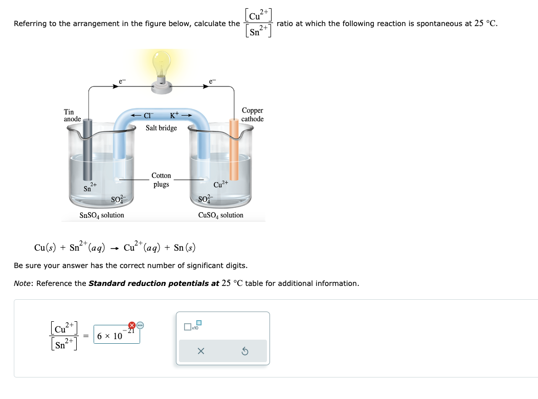 Referring to the arrangement in the figure below, calculate the
Tin
anode
2+
Cu
Sn
Sn
So
SnSO4 solution
CI
Salt bridge
6 × 10
Cotton
plugs
Cu²+
SO²
CuSO4 solution
x10
X
Cu²+
2+
Cu(s) + Sn²+ (aq) Cu²+ (aq) + Sn (s)
Be sure your answer has the correct number of significant digits.
Note: Reference the Standard reduction potentials at 25 °C table for additional information.
Sn
Copper
cathode
ratio at which the following reaction is spontaneous at 25 °C.