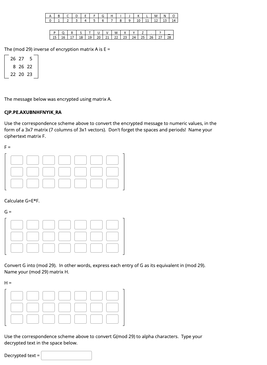 A
0
F=
P
15
Calculate G-E*F.
B
1
G=
Q
16
с
2
D
3
E
4
F
5
The (mod 29) inverse of encryption matrix A is E =
26 27 5
8 26 22
22 20 23
6
R
S
T
U
V
17 18 19 20 21
The message below was encrypted using matrix A.
H
7
8
W X
22
J
9
K L
10 11
CJP.PE.AXUBNHFNYIK_RA
Use the correspondence scheme above to convert the encrypted message to numeric values, in the
form of a 3x7 matrix (7 columns of 3x1 vectors). Don't forget the spaces and periods! Name your
ciphertext matrix F.
M N
0
12 13 14
Y Z
?
23 24 25 26 27 28
Convert G into (mod 29). In other words, express each entry of G as its equivalent in (mod 29).
Name your (mod 29) matrix H.
H =
Use the correspondence scheme above to convert G(mod 29) to alpha characters. Type your
decrypted text in the space below.
Decrypted text =