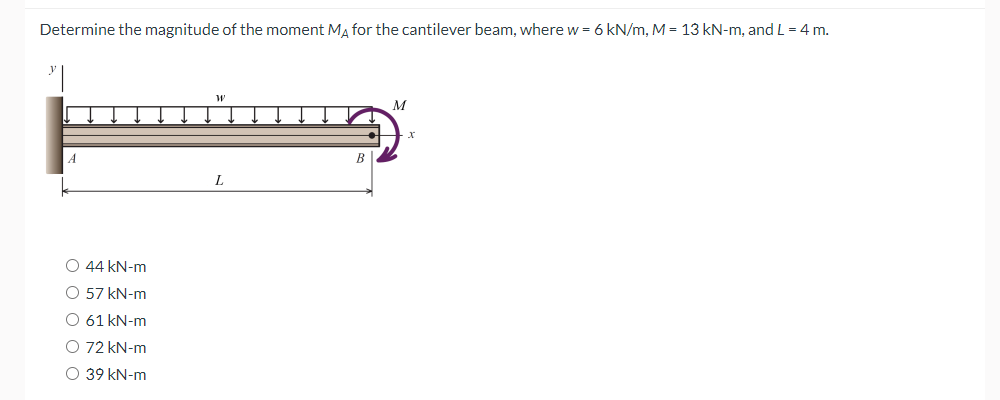 Determine the magnitude of the moment MA for the cantilever beam, where w = 6 kN/m, M = 13 kN-m, and L = 4 m.
O 44 kN-m
O 57 kN-m
O 61 kN-m
O 72 kN-m
O 39 kN-m
W
L
M