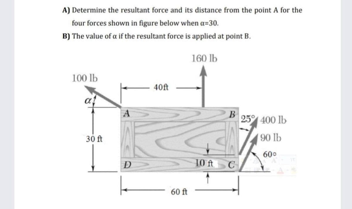 A) Determine the resultant force and its distance from the point A for the
four forces shown in figure below when a=30.
B) The value of a if the resultant force is applied at point !
160 lb
100 lb
40ft
at
A
B
25 400 lb
30ft
90 lb
600
D
10 ft
60 ft
