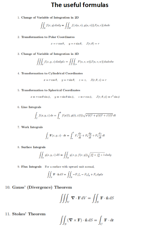 1. Change of Variable of Integration in 2D
[ f(x,y) drdy = f(z(u, v),y(u, 0)). («, ») ducho
2. Transformation to Polar Coordinates
The useful formulas
3. Change of Variable of Integration in 3D
[, (2, 2) dadydz = [[F(w, x, w)|J(u, v, w)| dududw
4. Transformation to Cylindrical Coordinates
z=rcos, y=rsin, Jr.)=r
6. Line Integrals
5. Transformation to Spherical Coordinates
x=rcos 0, y = rsin, ===, J(r,0,2)=r
x=rcos@sind, y=rsin@sind, 2=rcoso, Jr.,0,0)=²sin
7. Work Integrals
[1(x, y, z) ds = [ f(x(t), y(t),= (t)) √√x²(1)² + y′(t)² + 2′(t)²³ dt
8. Surface Integrals
[F(x, y, z) - dx = [° R² + R$/ + d
dr
dt
[ 92,9,2) ds = [[ 9(2.9.1(2.9)) √ 12 + 12 + 1 dady
9. Flux Integrals For a surface with upward unit normal,
J.P.
11. Stokes' Theorem
= [[₁-Fife - Faly + Pa dyda
F-nds=
10. Gauss' (Divergence) Theorem
JIL V. FdV =
dv = [[₁, F
[[
F. ÂdS
(V x F). ÂdS=
s = [ F..
F.dr