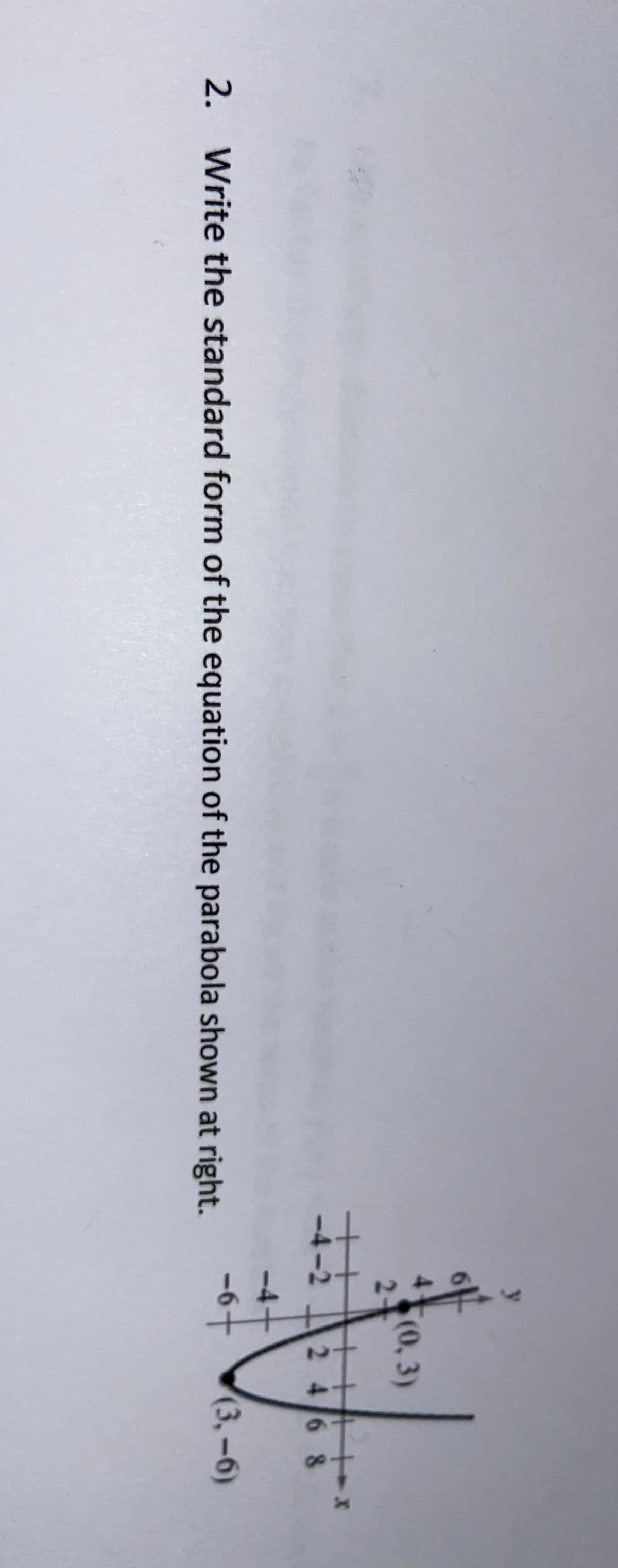 4
(0, 3)
2-
-4-2
24
6 8
-4-
t.
2. Write the standard form of the equation of the parabola shown at right.
(3,-6)
-6-
