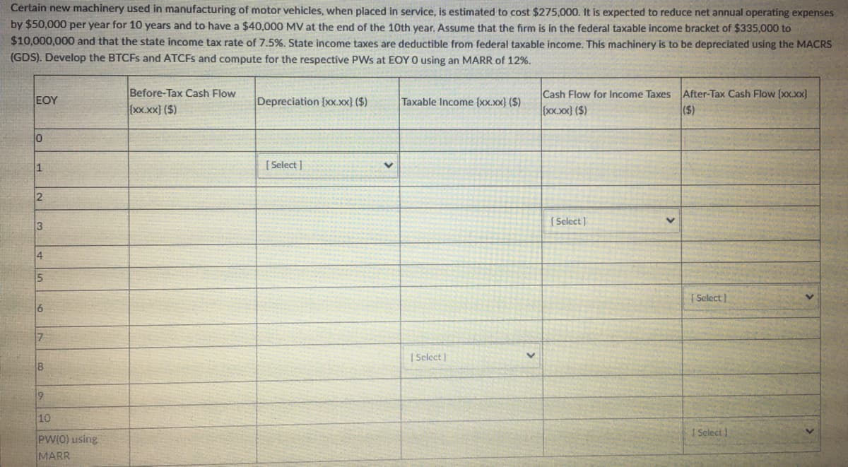 Certain new machinery used in manufacturing of motor vehicles, when placed in service, is estimated to cost $275,000. It is expected to reduce net annual operating expenses
by $50,000 per year for 10 years and to have a $40,000 MV at the end of the 10th year. Assume that the firm is in the federal taxable income bracket of $335,000 to
$10,000,000 and that the state income tax rate of 7.5%. State income taxes are deductible from federal taxable income. This machinery is to be depreciated using the MACRS
(GDS). Develop the BTCFS and ATCFS and compute for the respective PWs at EOY O using an MARR of 12%.
Before-Tax Cash Flow
{xx.xx} ($)
Cash Flow for Income Taxes After-Tax Cash Flow {xx.xx}
{xx.xx} ($)
ΕΟΥ
Depreciation {xx.xx} ($)
Taxable Income (xx.xx} ($)
($)
10
1
[ Select ]
( Select)
3
14
5
| Select)
16
| Select )
18
10
1 Select
PW(0) using
MARR
