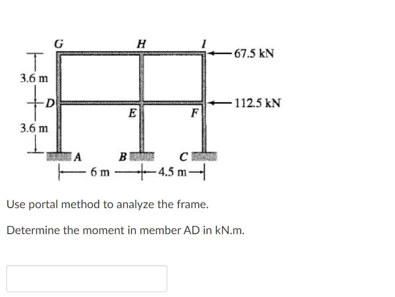 G
-67.5 kN
3.6 m
of
-D
112.5 kN
E
F
3.6 m
B
C
- 6 m
+4.5 m
Use portal method to analyze the frame.
Determine the moment in member AD in kN.m.
