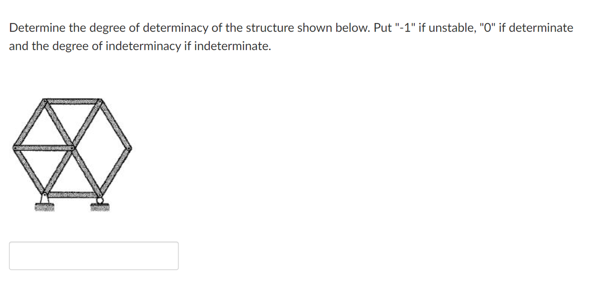 Determine the degree of determinacy of the structure shown below. Put "-1" if unstable, "O" if determinate
and the degree of indeterminacy if indeterminate.
