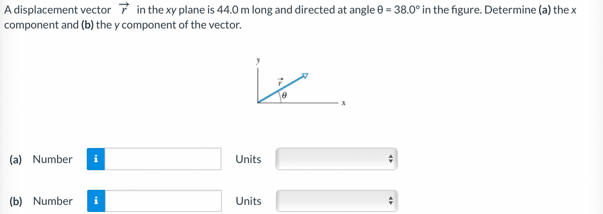 A displacement vector 7 in the xy plane is 44.0 m long and directed at angle 0 = 38.0° in the figure. Determine (a) the x
component and (b) the y component of the vector.
(a) Number
Units
(b) Number
Units
