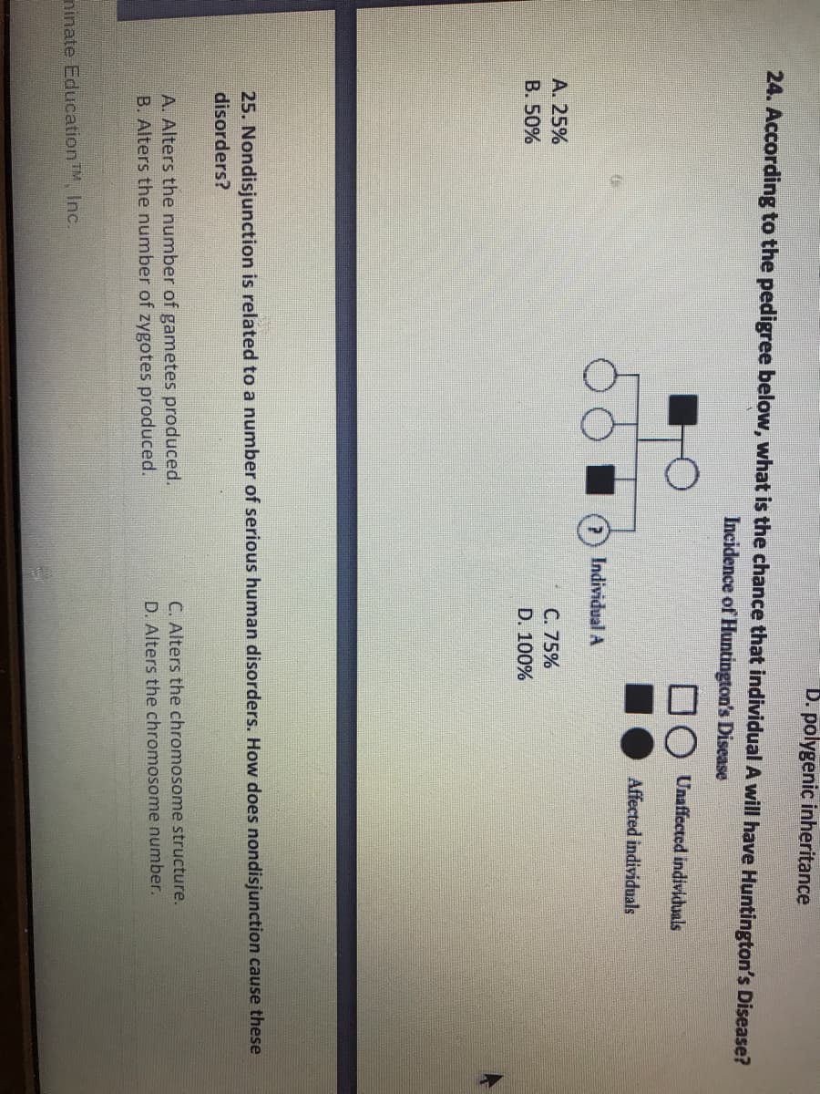 D. polygenic inheritance
24. According to the pedigree below, what is the chance that individual A will have Huntington's Disease?
Incidence of Huntington's Disease
Unaffected individuals
Affected individuals
Individual A
A. 25%
C. 75%
D. 100%
B. 50%
25. Nondisjunction is related to a number of serious human disorders. How does nondisjunction cause these
disorders?
A. Alters the number of gametes produced.
B. Alters the number of zygotes produced.
C. Alters the chromosome structure.
D. Alters the chromosome number.
ninate EducationTM, Inc.
