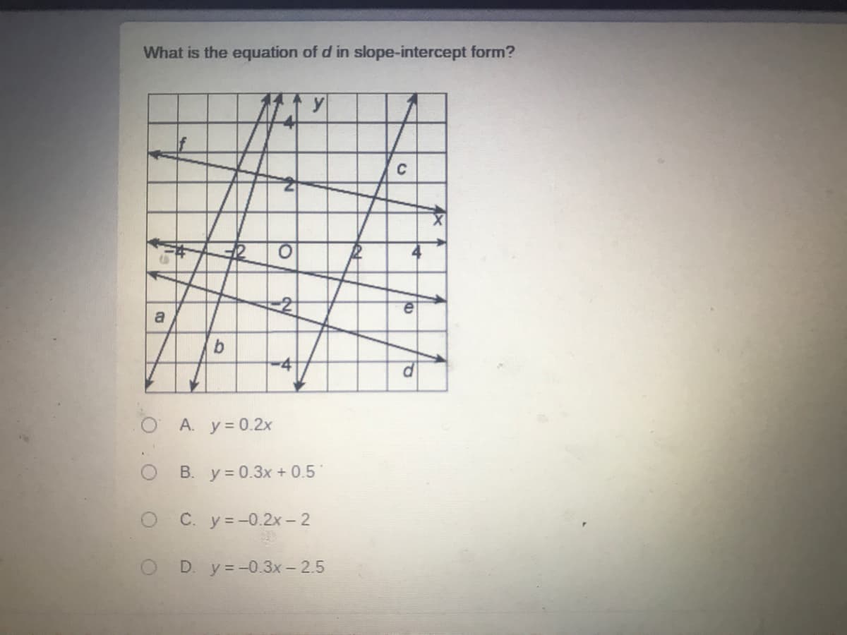 What is the equation of d in slope-intercept form?
y
C
O A. y 0.2x
B. y = 0.3x + 0.5
C. y=-0.2x- 2
D y=-0.3x-2.5
