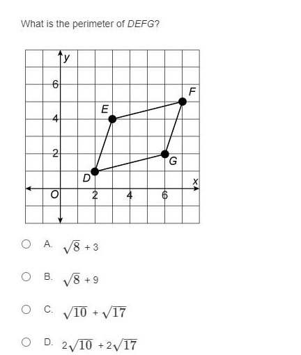 What is the perimeter of DEFG?
F
4
2
D
A. V8 +3
O .
V8 +9
C. VI0 + V17
O D. 2/10 + 2/17
XA
