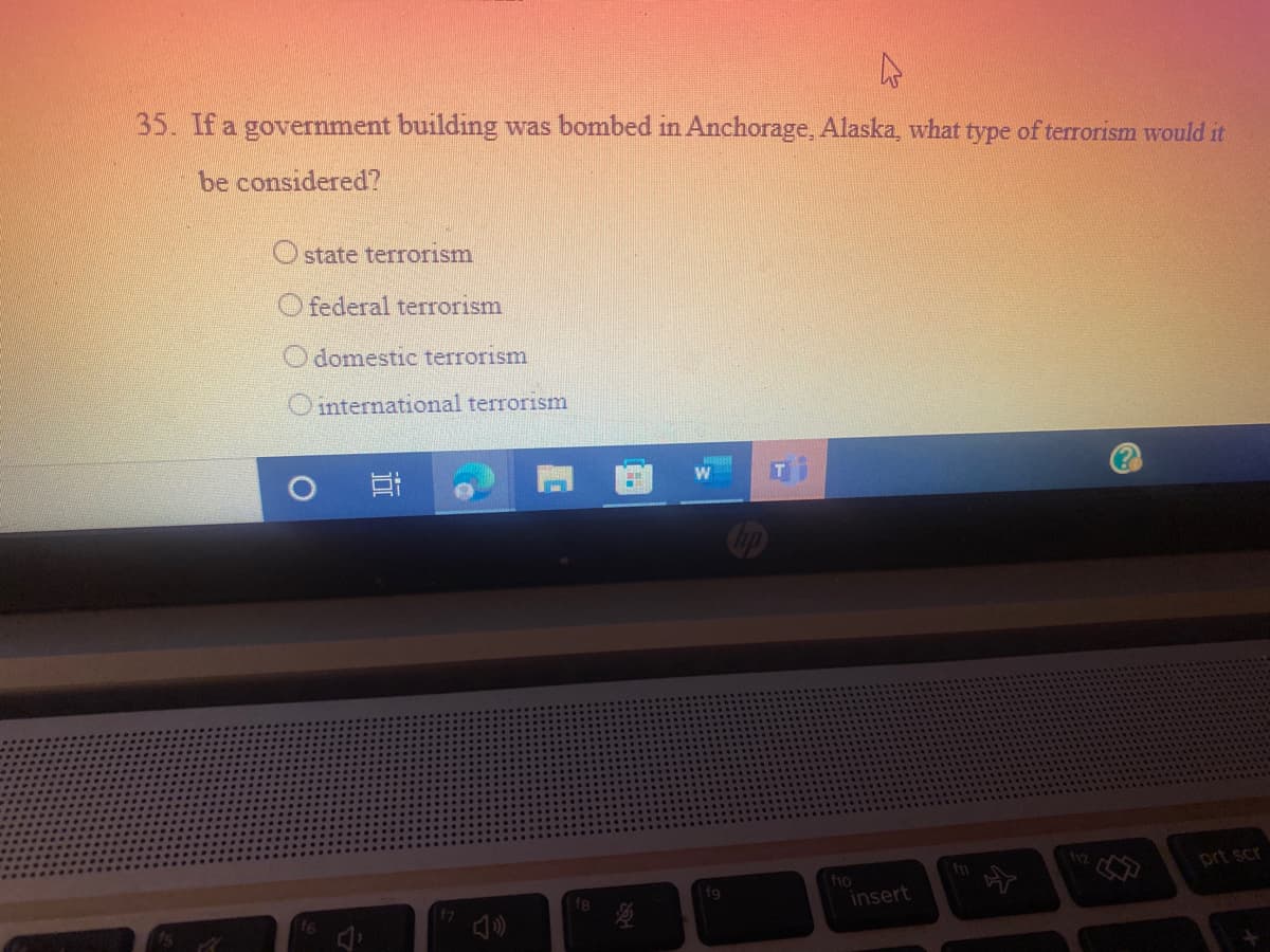 35. If a government building was bombed in Anchorage, Alaska, what type of terrorism would it
be considered?
O state terrorism
federal terrorism
domestic terrorism
O international terrorism
(?
prt scr
fio
insert
fg
