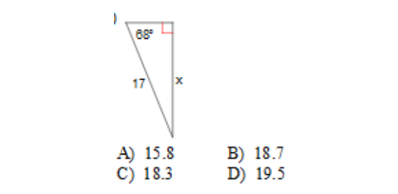 68°
17
A) 15.8
C) 18.3
B) 18.7
D) 19.5

