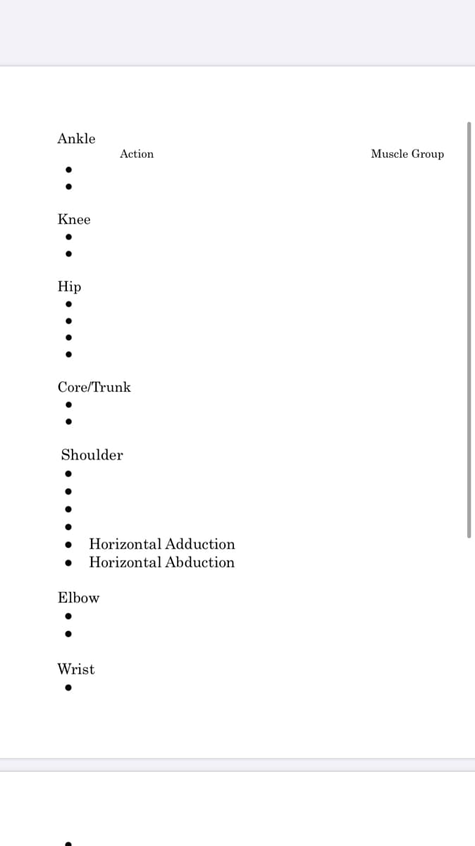 Ankle
Action
Muscle Group
Knee
Hip
Core/Trunk
Shoulder
Horizontal Adduction
Horizontal Abduction
Elbow
Wrist
