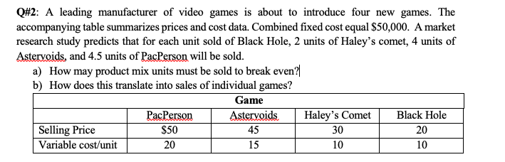 Q#2: A leading manufacturer of video games is about to introduce four new games. The
accompanying table summarizes prices and cost data. Combined fixed cost equal $50,000. A market
research study predicts that for each unit sold of Black Hole, 2 units of Haley's comet, 4 units of
Astervoids, and 4.5 units of PacPerson will be sold.
a) How may product mix units must be sold to break even?|
b) How does this translate into sales of individual games?
Game
PacPerson
Astervoids
Haley's Comet
Black Hole
Selling Price
$50
45
30
20
Variable cost/unit
20
15
10
10
