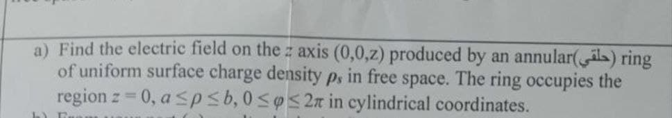 a) Find the electric field on the z axis (0,0,z) produced by an annular() ring
of uniform surface charge density ps in free space. The ring occupies the
region z = 0, a ≤p≤b, 0≤p≤2n in cylindrical coordinates.
LYR