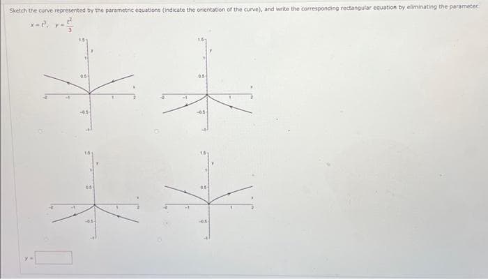 Sketch the curve represented by the parametric equations (indicate the orientation of the curve), and write the corresponding rectangular equation by eliminating the parameter
x-2, y-t
++
-1
0.5
05
05-
-05-
0.5
+
--05