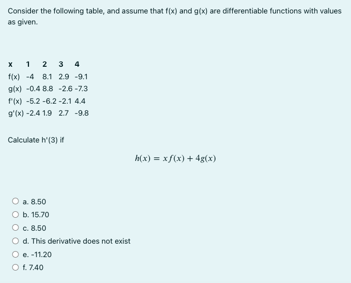 Consider the following table, and assume that f(x) and g(x) are differentiable functions with values
as given.
x 12 34
f(x) -4 8.1 2.9 -9.1
g(x) -0.4 8.8 -2.6 -7.3
f'(x) -5.2 -6.2 -2.1 4.4
g'(x) -2.4 1.9 2.7 -9.8
Calculate h'(3) if
a. 8.50
O b. 15.70
O c. 8.50
O d. This derivative does not exist
O e. -11.20
O f. 7.40
h(x) = xf(x) + 4g(x)