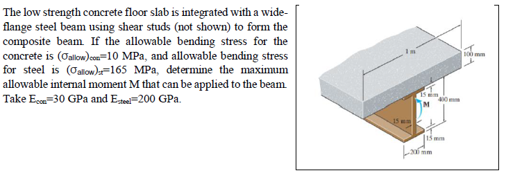 The low strength concrete floor slab is integrated with a wide-
flange steel beam using shear studs (not shown) to form the
composite beam If the allowable bending stress for the
concrete is (Oallow)con=10 MPa, and allowable bending stress
for steel is (Oallow)-=165 MPa, determine the maximum
allowable internal moment M that can be applied to the beam.
Take Econ=30 GPa and Eteel=200 GPa.
1m
100 mm
75 mm
400 mm
M
15 mm
15 mm
20 mm
