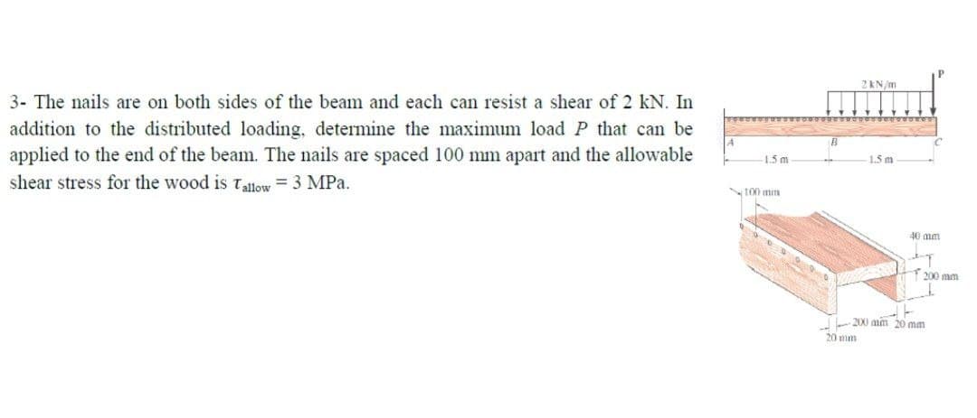 2KN/m
3- The nails are on both sides of the beam and each can resist a shear of 2 kN. In
addition to the distributed loading, determine the maximum load P that can be
applied to the end of the beam. The nails are spaced 100 mm apart and the allowable
1.5 m
1.5 m
shear stress for the wood is Tallow = 3 MPa.
100 mm
40 mm
200 mm
200 mm 20 mm
20 mm
