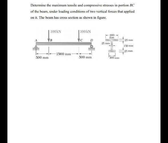 Determine the maximum tensile and compressive stresses in portion BC
of the beam, under loading conditions of two vertical forces that applied
on it. The beam has cross section as shown in figure.
100KN
| 100KN
200
mm
25 mm
25 mm
150 um
25 mm
1500 mm
500 mm
500 mm
100 mm
