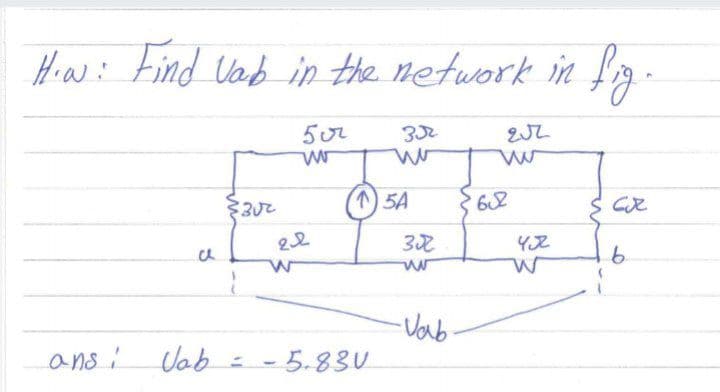 Hew: Find Vab in the network in f.
332
1)5A
Cと
9.
-Vab-
ans:
Vab = - 5.83U
