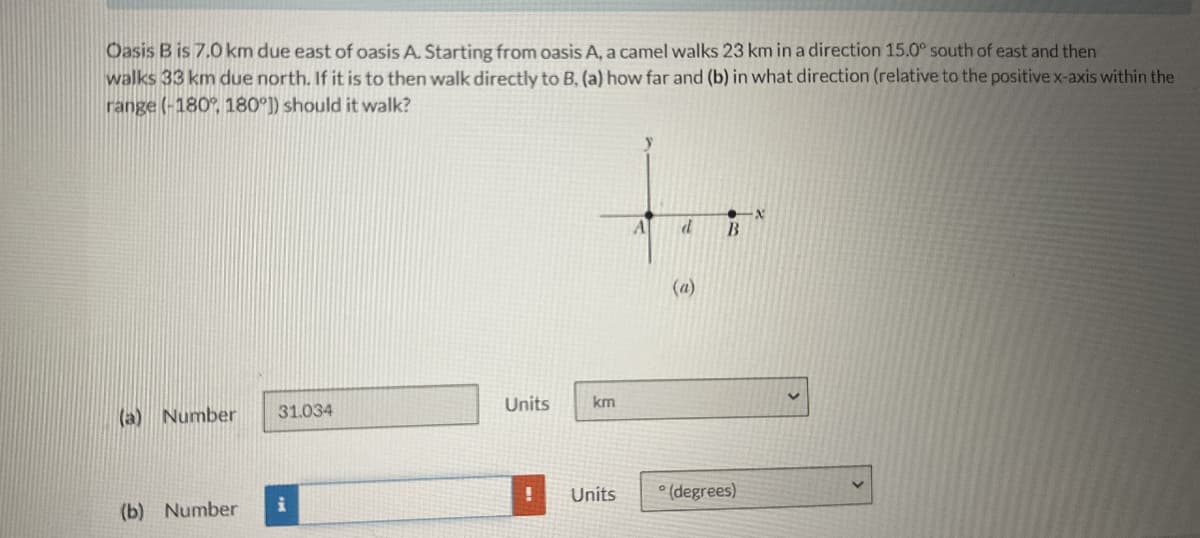 Oasis B is 7.0 km due east of oasis A. Starting from oasis A, a camel walks 23 km in a direction 15.0° south of east and then
walks 33 km due north. If it is to then walk directly to B, (a) how far and (b) in what direction (relative to the positive x-axis within the
range (-180°, 180°]) should it walk?
(a) Number
31.034
Units
km
(b) Number
d
B
(a)
Units
*(degrees)