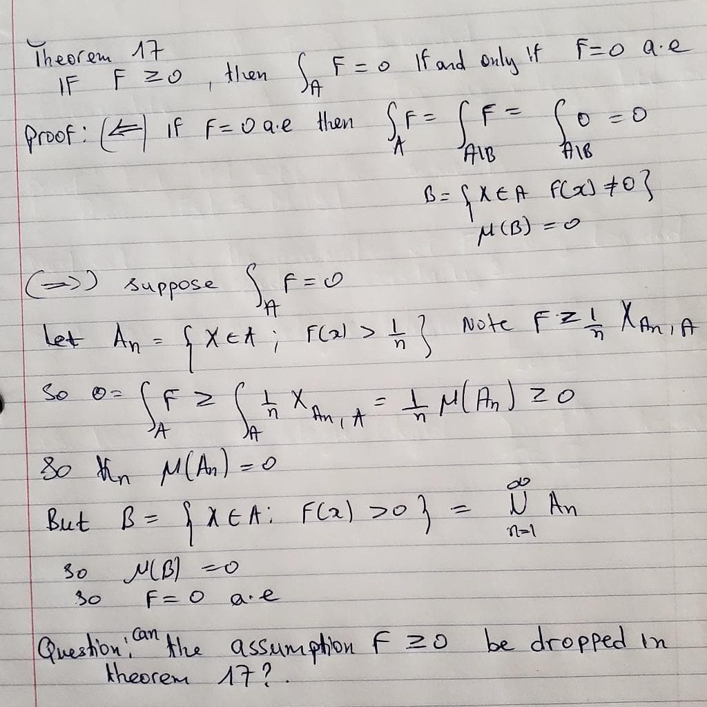 Theorem 17
IF
f=0 Q.e
Hien JA
F =o If and only If f=o a.e
F Z0
proof: (E if F=O ae then SF= F=
AIB
%3D
=の
(>) suppose f=0
let An = fXcA; rcal> t? Note FZt XamiA
So
のっ
An A
8o thn M(An) =0
But B= {XEA: Fl2) >0}=
204
U An
n=1
30
30
F= 0
Question
Can
Alhe assumphion f Z0
be dropped In
theorem 17?.
