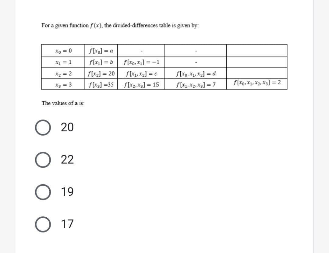 For a given function f(x), the divided-differences table is given by:
Xo = 0
x₁ = 1
x₂ = 2
X3 = 3
The values of a is:
20
22
O 19
O 17
f[xo] = a
f[x₂] = b
f[x₂] = 20
f[x3] =35
f[xo.x₁] = -1
f[x₁, x₂] = c
f[x2, x3] = 15
f[x0, x₁, x₂] = d
f[X1, X2, X3] = 7
f[x0, X1, X2, X3] = 2