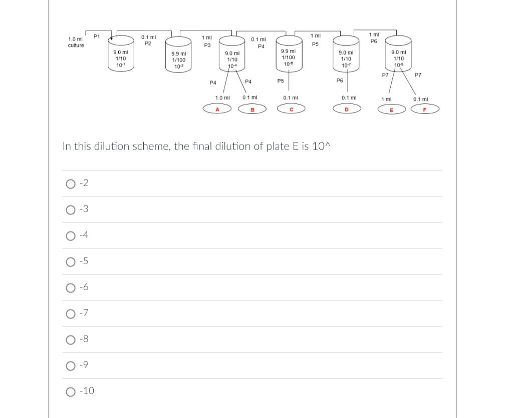 1.0 ml
culture
O-2
O-3
O-4
O-5
0-6
0-7
O-8
O
-9
P1
O-10
9.0 ml
1/10
10-1
0.1 ml
P2
9.9 ml
1/100
10-3
1 ml
P3
P4
9.0 ml
1/10
104
1.0 ml
A
0.1 ml
P4
P4
In this dilution scheme, the final dilution of plate E is 10^
0.1 ml
B
9.9 ml
1/100
100
P5
0.1 ml
C
1 ml
P5
9.0 ml
1/10
10-7
P6
0.1 mi
D
1 ml
P6
P7
9.0 ml
1/10
10-8
1 ml
E
P7
0.1 ml
F