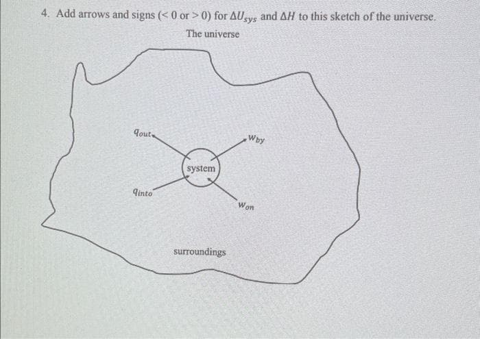 4. Add arrows and signs (<0 or > 0) for AUsys and AH to this sketch of the universe.
The universe
Yout
ginto
system
surroundings
Wby
Won
20