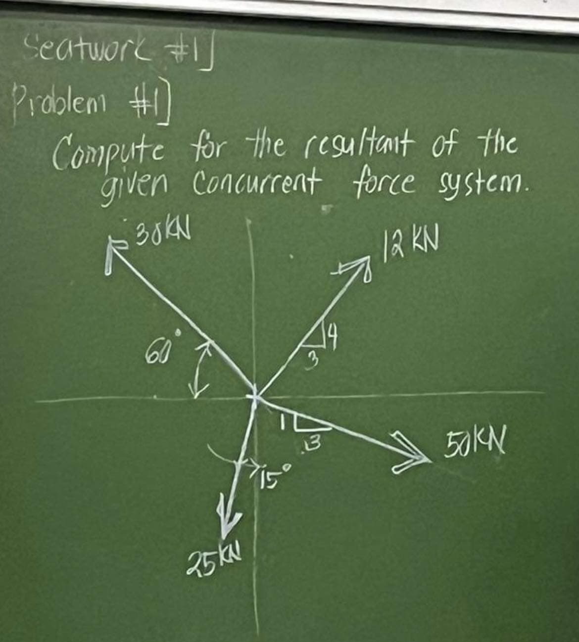 Seatwork #1
Problem #1
Compute for the resultant of the
"given concurrent force system.
30KN
12 KN
25 ku
715
3
50KN