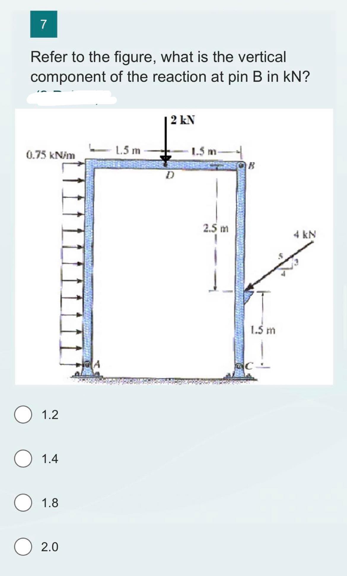 7
Refer to the figure, what is the vertical
component of the reaction at pin B in KN?
0.75 kN/m
1.2
O 1.4
1.8
O 2.0
1.5 m
2 kN
D
1.5 m
2.5 m
B
1.5 m
4 kN