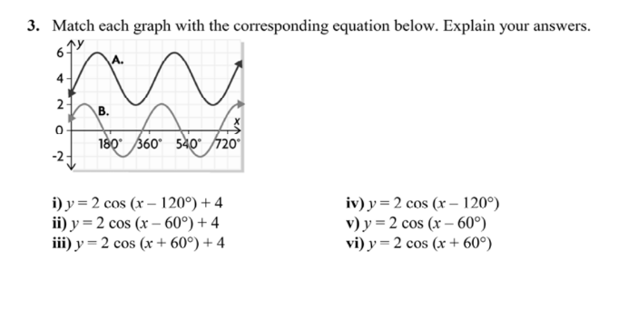 3. Match each graph with the corresponding equation below. Explain your answers.
4
2-
В.
180° 360° 540° 720°
i) y = 2 cos (x – 120°) + 4
ii) y = 2 cos (x – 60°) + 4
iii) y = 2 cos (x + 60°) + 4
iv) y = 2 cos (x – 120°)
v) у 3D2 сos (x —60°)
vi) y = 2 cos (x + 60°)
