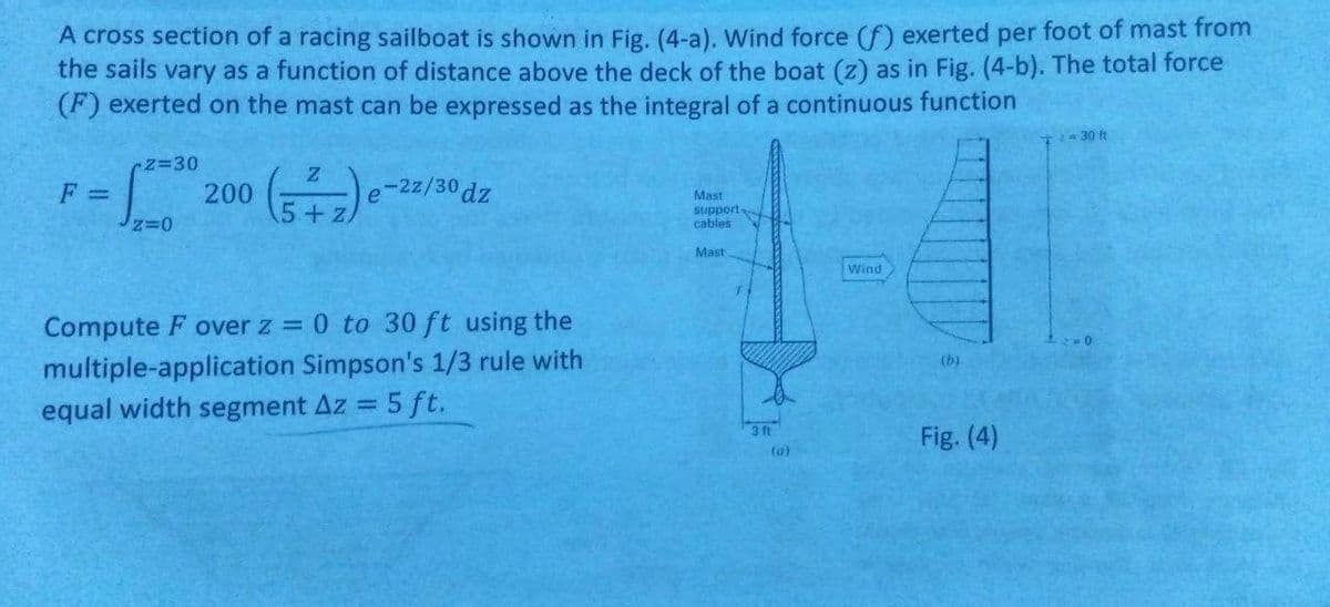 A cross section of a racing sailboat is shown in Fig. (4-a). Wind force (f) exerted per foot of mast from
the sails vary as a function of distance above the deck of the boat (z) as in Fig. (4-b). The total force
(F) exerted on the mast can be expressed as the integral of a continuous function
2 30 ft
200 ()-
r%3D30
F%3=
-2z/30 dz
5+z/
Mast
support
cables
Mast
Wind
Compute F over z = 0 to 30 ft using the
multiple-application Simpson's 1/3 rule with
equal width segment Az = 5 ft.
(b)
%3D
3 ft
Fig. (4)
(a)
