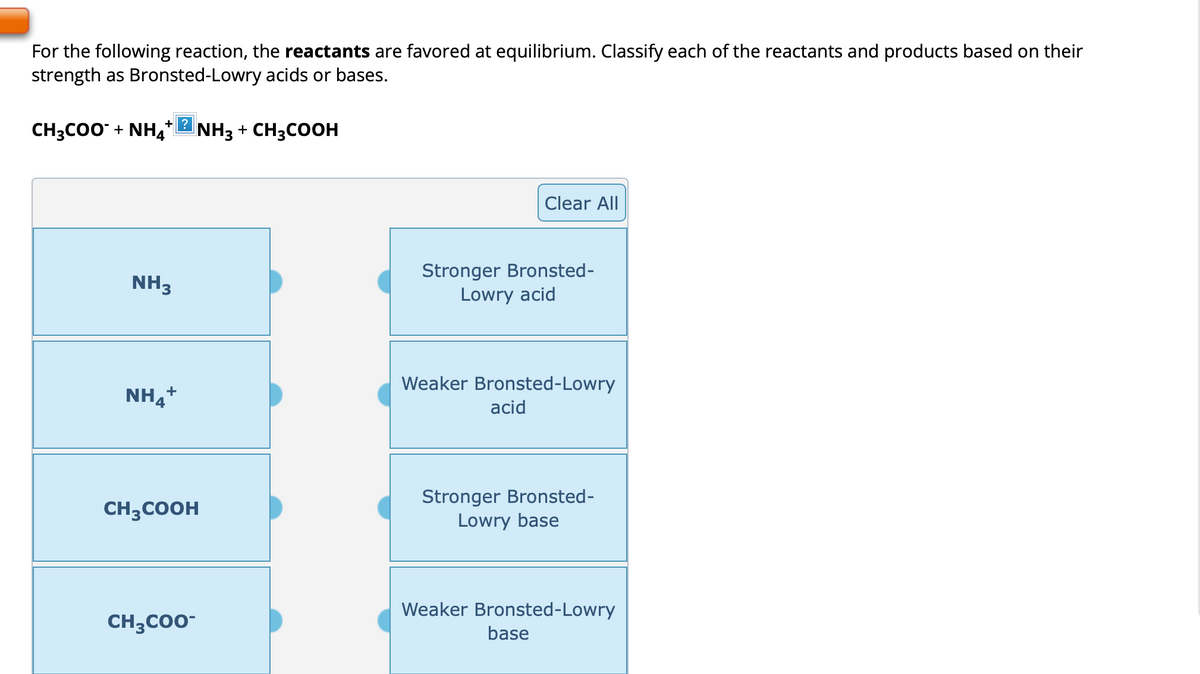 For the following reaction, the reactants are favored at equilibrium. Classify each of the reactants and products based on their
strength as Bronsted-Lowry acids or bases.
+?
CH3COO + NH4*
NH3
NH4+
NH3 + CH3COOH
CH3COOH
CH3COO-
Clear All
Stronger Bronsted-
Lowry acid
Weaker Bronsted-Lowry
acid
Stronger Bronsted-
Lowry base
Weaker Bronsted-Lowry
base