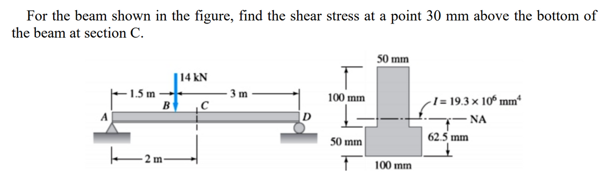 For the beam shown in the figure, find the shear stress at a point 30 mm above the bottom of
the beam at section C.
50 mm
| 14 kN
E1.5 m
B
3 m
100 mm
-I = 19.3 × 10º mm
A
|D
NA
50 mm
62.5 mm
2 m-
100 mm
