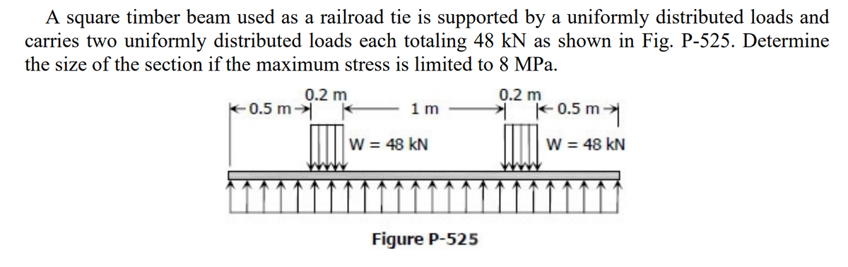 A square timber beam used as a railroad tie is supported by a uniformly distributed loads and
carries two uniformly distributed loads each totaling 48 kN as shown in Fig. P-525. Determine
the size of the section if the maximum stress is limited to 8 MPa.
0.2 m
0.2 m
0.5 m
-0.5 m
1 m
W = 48 kN
W = 48 kN
%3D
Figure P-525
