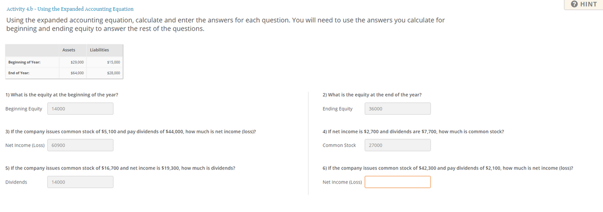 2 HINT
Activity 4.b - Using the Expanded Accounting Equation
Using the expanded accounting equation, calculate and enter the answers for each question. You will need to use the answers you calculate for
beginning and ending equity to answer the rest of the questions.
Assets
Liabilities
Beginning of Year:
$29,000
$15,000
End of Year:
$64,000
$28,000
1) What is the equity at the beginning of the year?
2) What is the equity at the end of the year?
Beginning Equity
14000
Ending Equity
36000
3) If the company issues common stock of $5,100 and pay dividends of $44,000, how much is net income (loss)?
4) If net income is $2,700 and dividends are $7,700, how much is common stock?
Net Income (Loss)
60900
Common Stock
27000
5) If the company issues common stock of $16,700 and net income is $19,300, how much is dividends?
6) If the company issues common stock of $42,300 and pay dividends of $2,100, how much is net income (loss)?
Dividends
14000
Net Income (Loss)
