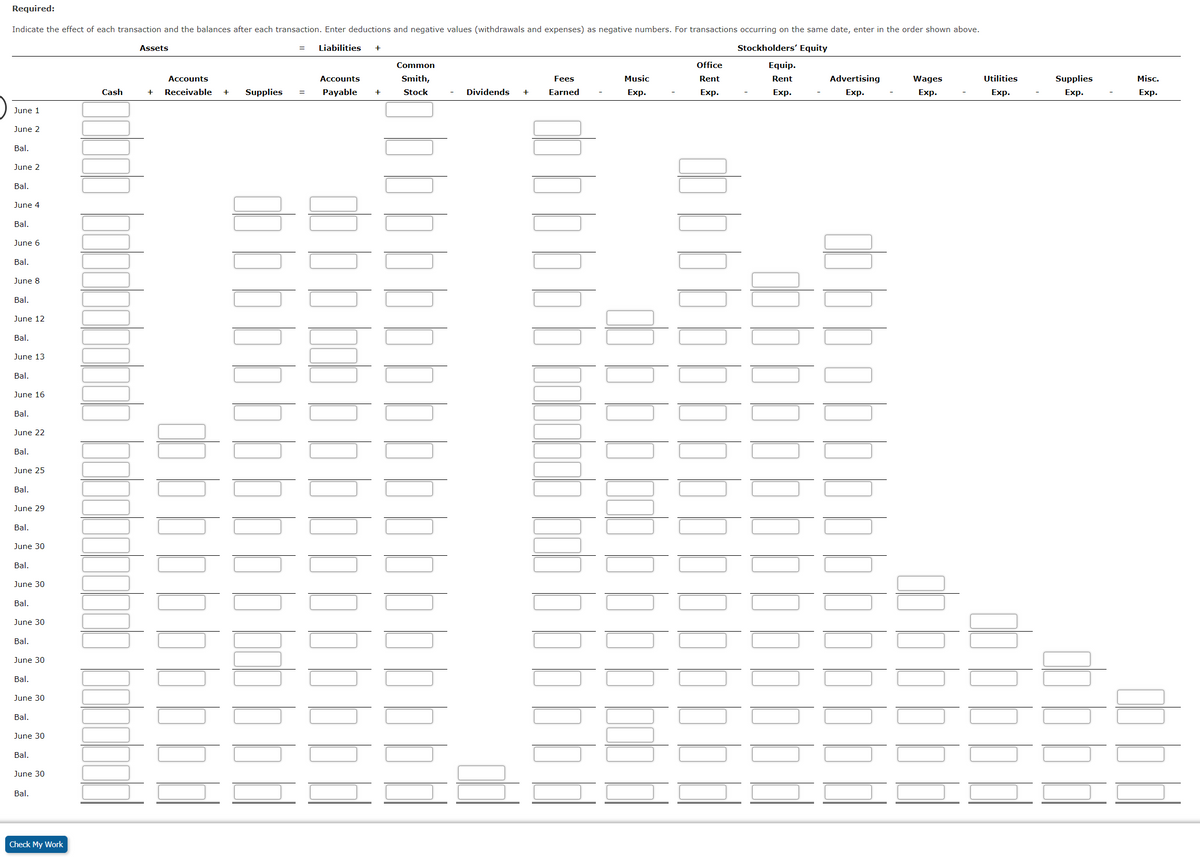 Required:
Indicate the effect of each transaction and the balances after each transaction. Enter deductions and negative values (withdrawals and expenses) as negative numbers. For transactions occurring on the same date, enter in the order shown above.
Assets
Liabilities
Stockholders' Equity
Common
Office
Equip.
Accounts
Accounts
Smith,
Fees
Music
Rent
Rent
Advertising
Wages
Utilities
Supplies
Misc.
Cash
+
Receivable
Supplies
Payable
Stock
Dividends
Earned
Exp.
Exp.
Exp.
Exp.
Exp.
Exp.
Exp.
Exp.
June 1
June 2
Bal.
June 2
Bal.
June 4
Bal.
June 6
Bal.
June 8
Bal.
June 12
Bal.
June 13
Bal.
June 16
Bal.
June 22
Bal.
June 25
Bal.
June 29
Bal.
June 30
Bal.
June 30
Bal.
June 30
Bal.
June 30
Bal.
June 30
Bal.
June 30
Bal.
June 30
Bal.
Check My Work
