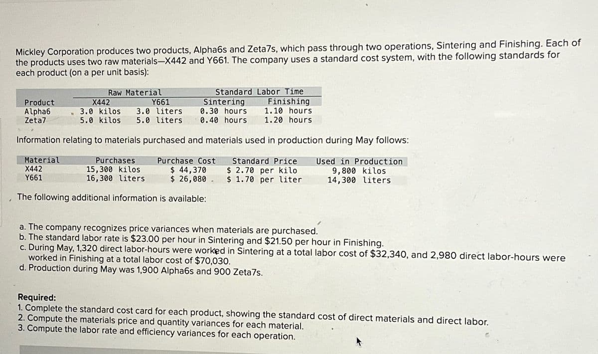 Mickley Corporation produces two products, Alpha6s and Zeta7s, which pass through two operations, Sintering and Finishing. Each of
the products uses two raw materials-X442 and Y661. The company uses a standard cost system, with the following standards for
each product (on a per unit basis):
Raw Material
Product
Alpha6
Zeta7
X442
Y661
D
3.0 kilos 3.0 liters
5.0 kilos 5.0 liters 0.40 hours
Standard
Sintering
0.30 hours
Labor Time
Finishing
1.10 hours
1.20 hours
Information relating to materials purchased and materials used in production during May follows:
Material
X442
Y661
Purchases
15,300 kilos
16,300 liters
Purchase Cost
$ 44,370
Standard Price
Used in Production
$ 2.70 per kilo
$ 26,080.
$ 1.70 per liter
9,800 kilos
14,300 liters
The following additional information is available:
a. The company recognizes price variances when materials are purchased.
b. The standard labor rate is $23.00 per hour in Sintering and $21.50 per hour in Finishing.
c. During May, 1,320 direct labor-hours were worked in Sintering at a total labor cost of $32,340, and 2,980 direct labor-hours were
worked in Finishing at a total labor cost of $70,030.
d. Production during May was 1,900 Alpha6s and 900 Zeta7s.
Required:
1. Complete the standard cost card for each product, showing the standard cost of direct materials and direct labor.
2. Compute the materials price and quantity variances for each material.
3. Compute the labor rate and efficiency variances for each operation.