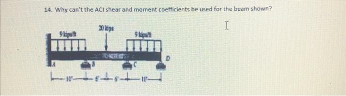 14. Why can't the ACI shear and moment coefficients be used for the bear shown?
20 kips
I
9 kipst
Skipu
D