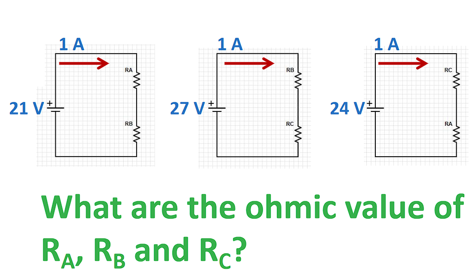 1 A
1 A
1 A
RA
RB
RC
21 V+
27 V
24 V+
RB
RC
RA
What are the ohmic value of
Ra, Rg and Rc?
