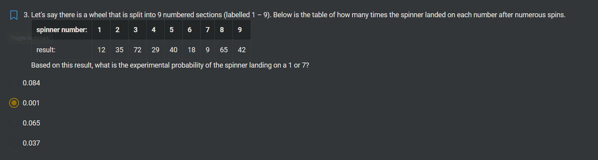 3. Let's say there is a wheel that is split into 9 numbered sections (labelled 1 - 9). Below is the table of how many times the spinner landed on each number after numerous spins.
2
3
4
7
8 9
spinner number: 1
Toggle bookmark
0.084
0.001
result:
12
35
72 29 40
18 9 65 42
Based on this result, what is the experimental probability of the spinner landing on a 1 or 7?
0.065
10
0.037
5
6