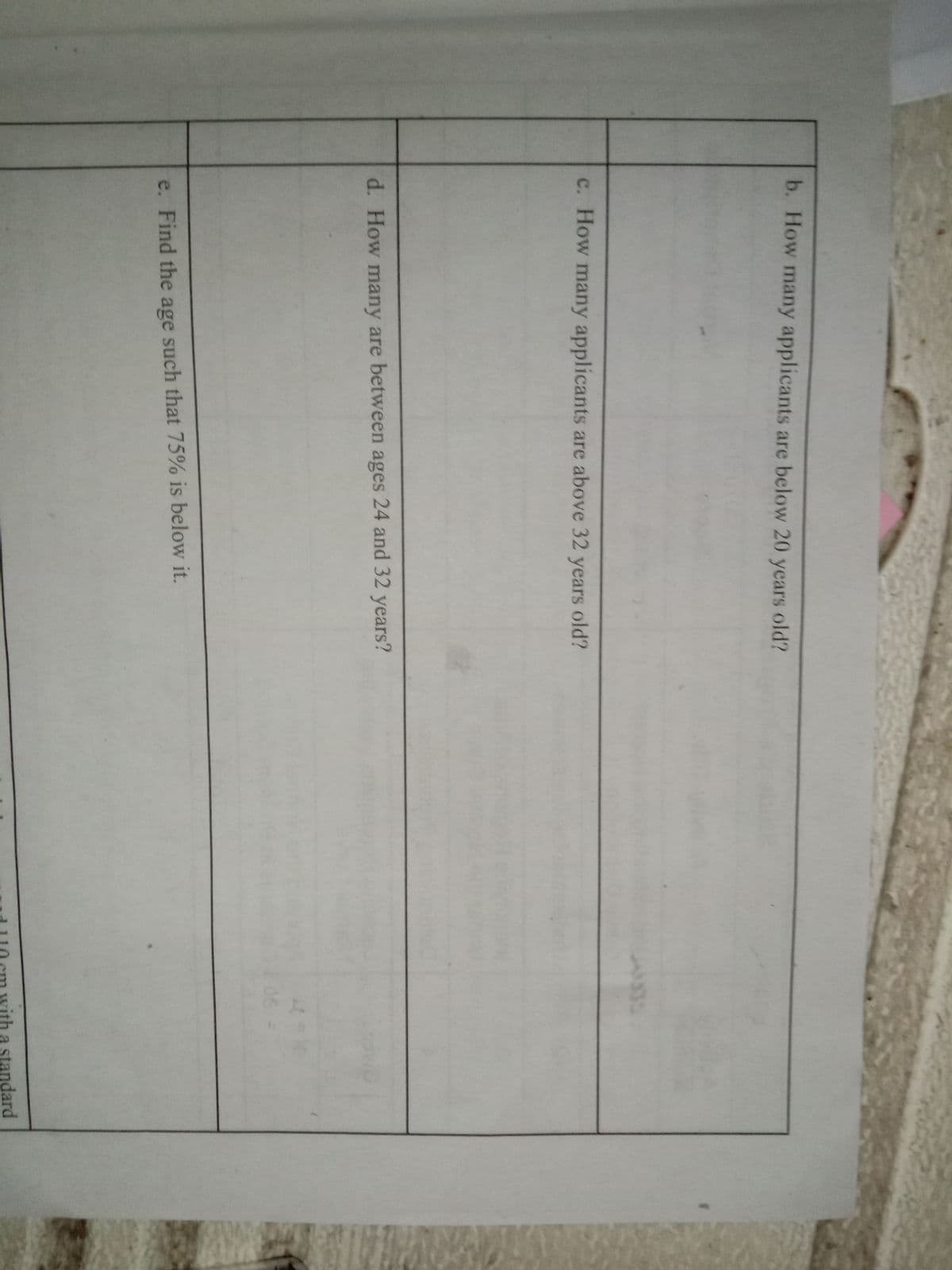 b. How many applicants are below 20 years old?
c. How many applicants are above 32 years old?
d. How many are between ages 24 and 32 years?
06-
e. Find the age such that 75% is below it.
ndard
