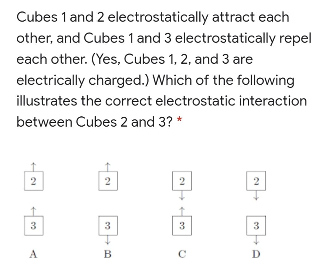 Cubes 1 and 2 electrostatically attract each
other, and Cubes 1 and 3 electrostatically repel
each other. (Yes, Cubes 1, 2, and 3 are
electrically charged.) Which of the following
illustrates the correct electrostatic interaction
between Cubes 2 and 3? *
2
2
2
3
3
3
A
B
C
D
2.
3.
