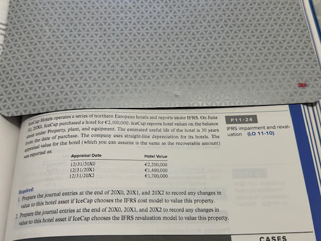 IceCap Hotels operates a series of northern European hotels and reports under IFRS. On June
sheet under Property, plant, and equipment. The estimated useful life of the hotel is 30 years
30, 2000, IceCap purchased a hotel for €2,100,000. IceCap reports hotel values on the balance
appraisal value for the hotel (which you can assume is the same as the recoverable amount)
from the date of purchase. The company uses straight-line depreciation for its hotels. The
was reported as:
Appraisal Date
12/31/20X0
12/31/20X1
12/31/20X2
Hotel Value
€2,200,000
€1,400,000
€1,700,000
P11-24
IFRS impairment and reval-
uation (LO 11-10)
Required:
1. Prepare the journal entries at the end of 20X0, 20X1, and 20X2 to record any changes in
value to this hotel asset if IceCap chooses the IFRS cost model to value this property.
2. Prepare the journal entries at the end of 20X0, 20X1, and 20X2 to record any changes in
value to this hotel asset if IceCap chooses the IFRS revaluation model to value this property.
AT&T
c
S
S