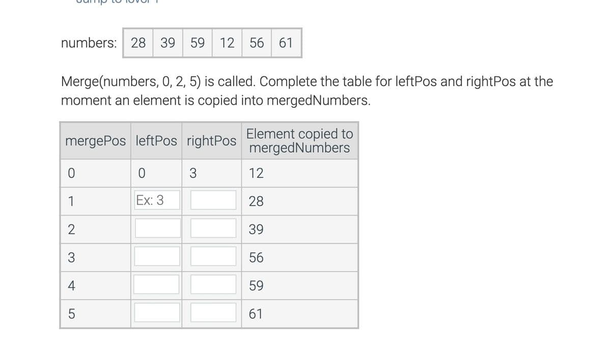 numbers: 28 39 59 12 56 61
Merge(numbers, 0, 2, 5) is called. Complete the table for leftPos and rightPos at the
moment an element is copied into mergedNumbers.
mergePos leftPos rightPos
0
1
2
3
4
LO
5
0
Ex: 3
3
Element copied to
merged Numbers
12
28
39
56
59
61