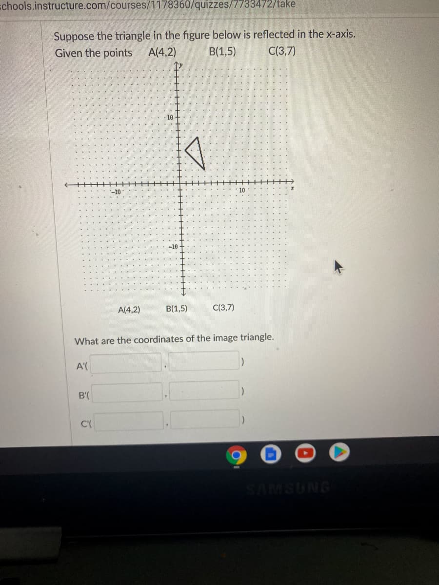 **Title: Understanding Reflections in Coordinate Geometry**

**Introduction:**
In this lesson, we will explore how to reflect a triangle across the x-axis in a coordinate plane. We will use a specific example to illustrate this concept.

**Problem Statement:**
Suppose the triangle in the figure below is reflected in the x-axis. Given the points:
- A(4, 2)
- B(1, 5)
- C(3, 7)

This is the original triangle plotted on a coordinate grid.

**Graph Explanation:**
The graph shows a coordinate plane with x-axis and y-axis both ranging from -10 to 10. The triangle is located in the first quadrant, formed by the points:
- A at (4, 2)
- B at (1, 5)
- C at (3, 7)

Each vertex of the triangle is marked and connected to form the shape.

**Reflection Explanation:**
When a shape is reflected over the x-axis, the x-coordinates of its vertices stay the same, but the y-coordinates are transformed into their opposites (multiplied by -1).

**Steps to Reflect the Triangle:**
1. Reflect point A(4,2): The x-coordinate remains 4, but the y-coordinate becomes -2. Therefore, A' is (4, -2).
2. Reflect point B(1,5): The x-coordinate remains 1, but the y-coordinate becomes -5. Therefore, B' is (1, -5).
3. Reflect point C(3,7): The x-coordinate remains 3, but the y-coordinate becomes -7. Therefore, C' is (3, -7).

**New Coordinates:**
After reflecting the triangle over the x-axis, the new coordinates of the vertices are:
- A'(4, -2)
- B'(1, -5)
- C'(3, -7)

**Reflection Exercise:**
Verify your understanding by reflecting the given points and plotting the new triangle on a coordinate plane.

**Interactive Section:**

_Please enter the coordinates of the image triangle:_

A' (____, ____)
B' (____, ____)
C' (____, ____)

**Conclusion:**
Reflecting a shape over the x-axis involves changing the sign of the y-coordinates of all vertices while keeping the x-coordinates unchanged. This transformation helps understand symmetry in coordinate geometry.

**Further Reading:**
For