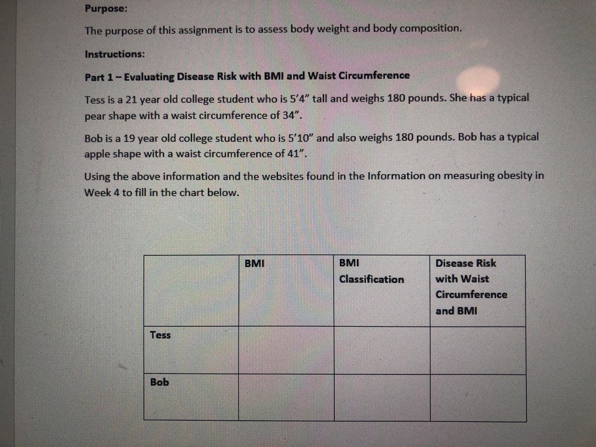 Purpose:
The purpose of this assignment is to assess body weight and body composition.
Instructions:
Part 1-Evaluating Disease Risk with BMI and Waist Circumference
Tess is a 21 year old college student who is 5'4" tall and weighs 180 pounds. She has a typical
pear shape with a waist circumference of 34".
Bob is a 19 year old college student who is 5'10" and also weighs 180 pounds. Bob has a typical
apple shape with a waist circumference of 41".
Using the above information and the websites found in the Information on measuring obesity in
Week 4 to fill in the chart below.
BMI
BMI
Disease Risk
Classification
with Waist
Circumference
and BMI
Tess
Bob
