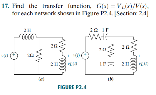 17. Find the transfer function, G(s) = VL(s)/V(s),
for each network shown in Figure P2.4. [Section: 2.4]
2 H
2Ω 1F
ell
WHE
2Ω
v(t) (+
+ v(t) (+
+
2 H
VL(1)
1 F
2 H
VL(t)
(a)
(b)
FIGURE P2.4
