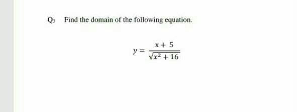 Q Find the domain of the following equation.
x+ 5
y =
Vx2 + 16
